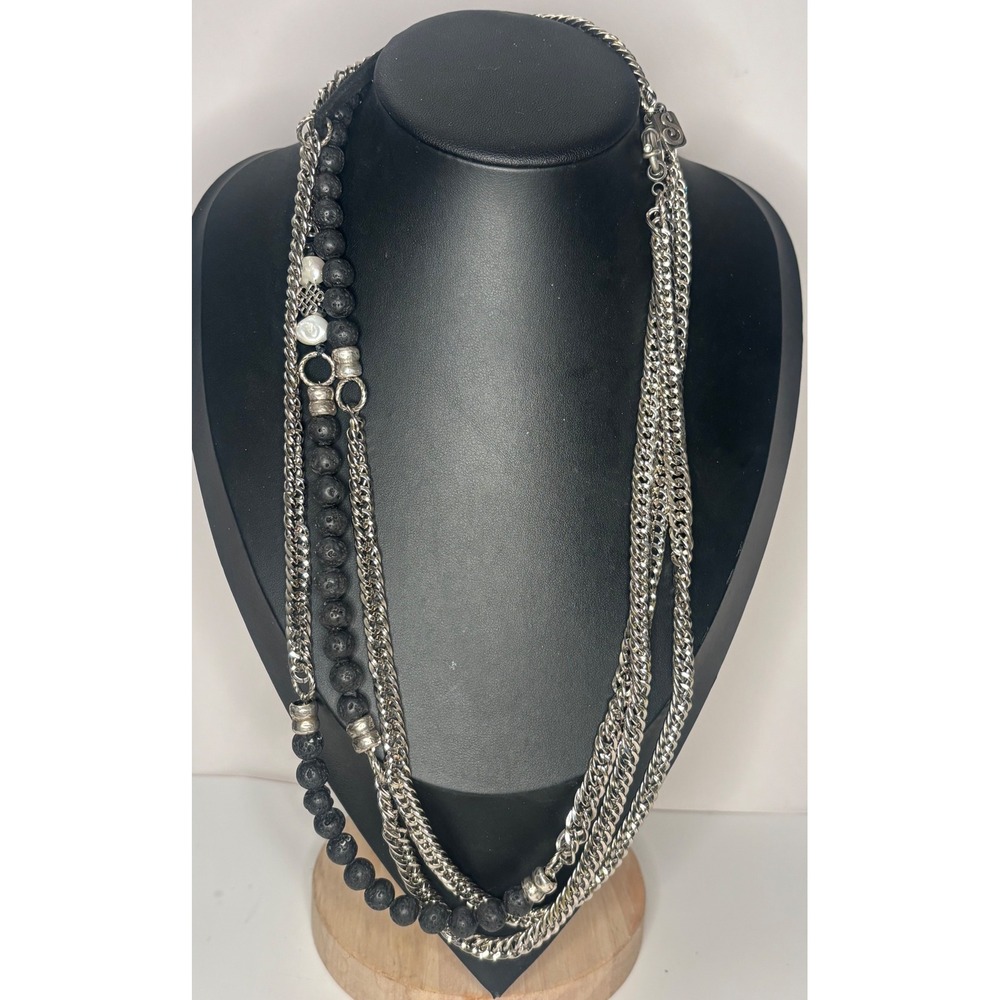 Sea Smadar 72" Multi Strand Necklace Lava Rock Pearl Silver Tone Chain Vintage